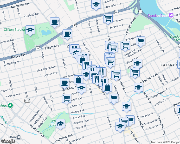 map of restaurants, bars, coffee shops, grocery stores, and more near 1184 Main Avenue in Clifton