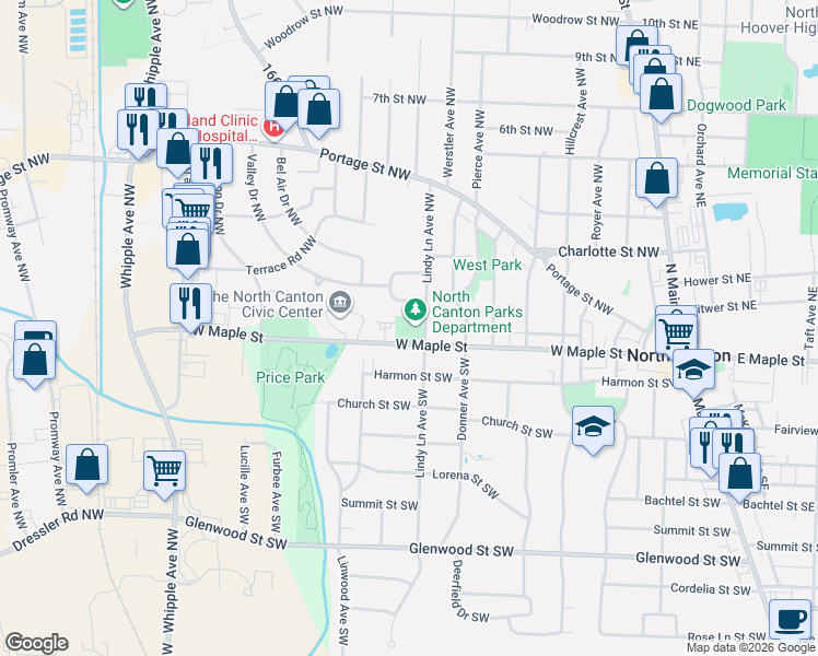 map of restaurants, bars, coffee shops, grocery stores, and more near 801 West Maple Street in North Canton