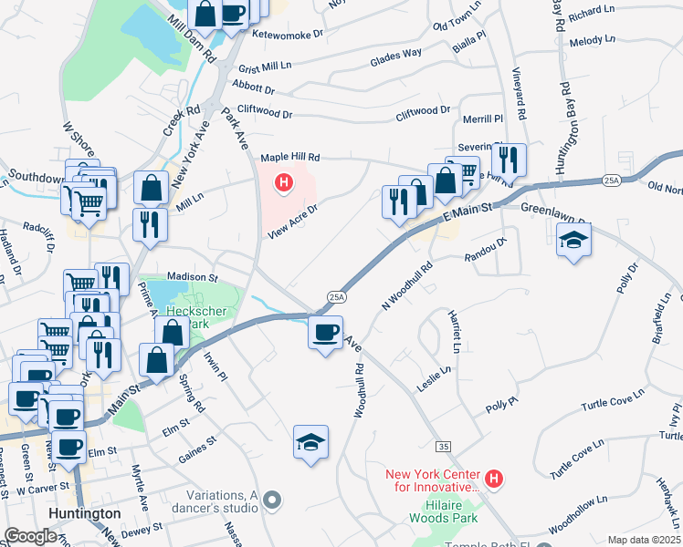 map of restaurants, bars, coffee shops, grocery stores, and more near 35 East Main Street in Huntington