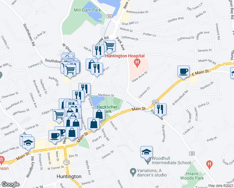 map of restaurants, bars, coffee shops, grocery stores, and more near 83 Madison Street in Huntington