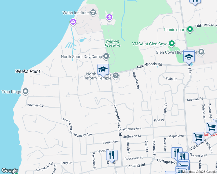 map of restaurants, bars, coffee shops, grocery stores, and more near 73 Crescent Beach Road in Glen Cove