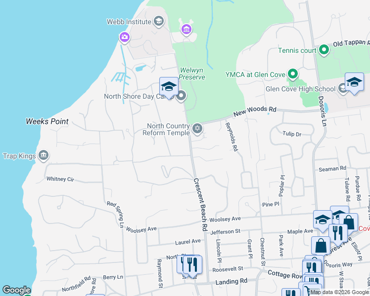 map of restaurants, bars, coffee shops, grocery stores, and more near 73 Crescent Beach Road in Glen Cove