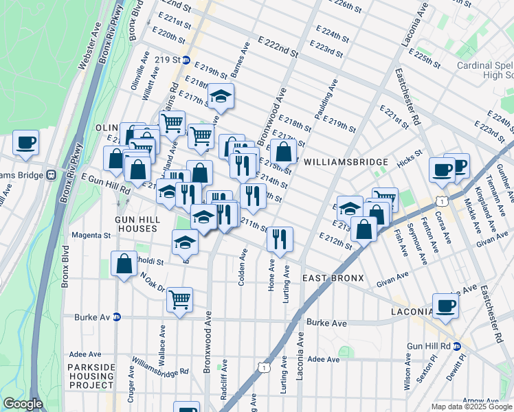 map of restaurants, bars, coffee shops, grocery stores, and more near 934 East 212th Street in Bronx