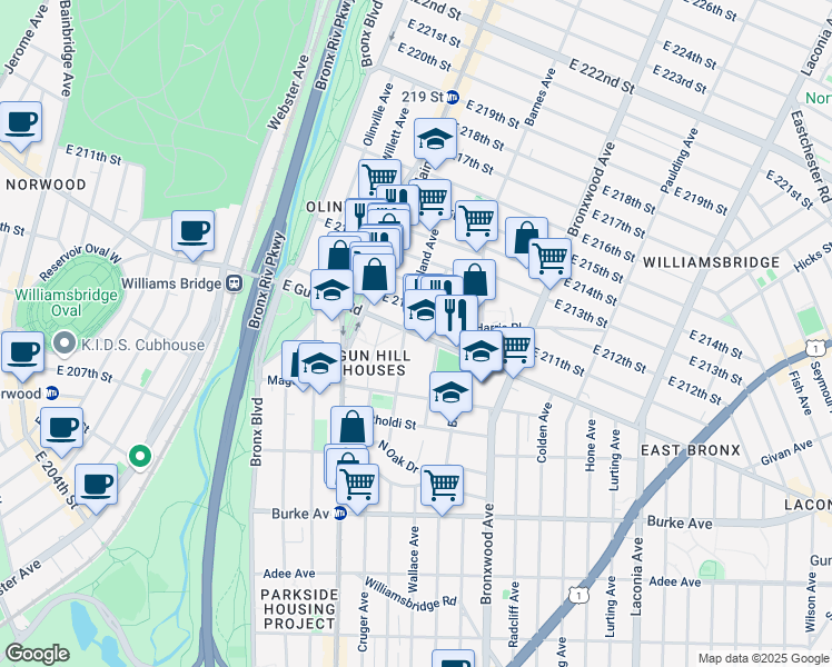 map of restaurants, bars, coffee shops, grocery stores, and more near 751 East Gun Hill Road in The Bronx