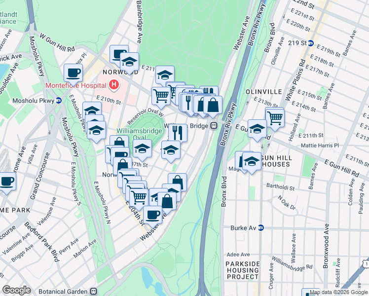 map of restaurants, bars, coffee shops, grocery stores, and more near in The Bronx