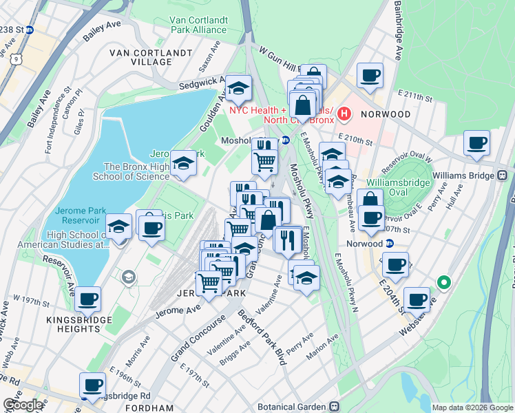 map of restaurants, bars, coffee shops, grocery stores, and more near in Bronx