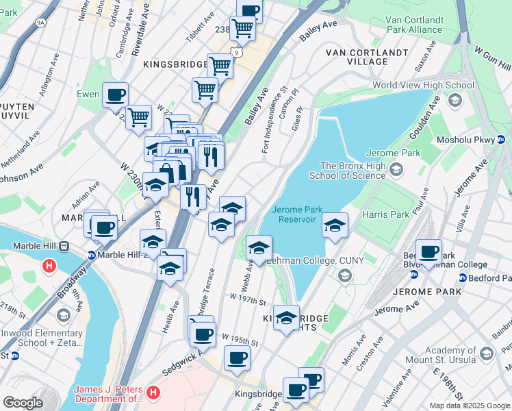 map of restaurants, bars, coffee shops, grocery stores, and more near 4 Armand Place in Bronx
