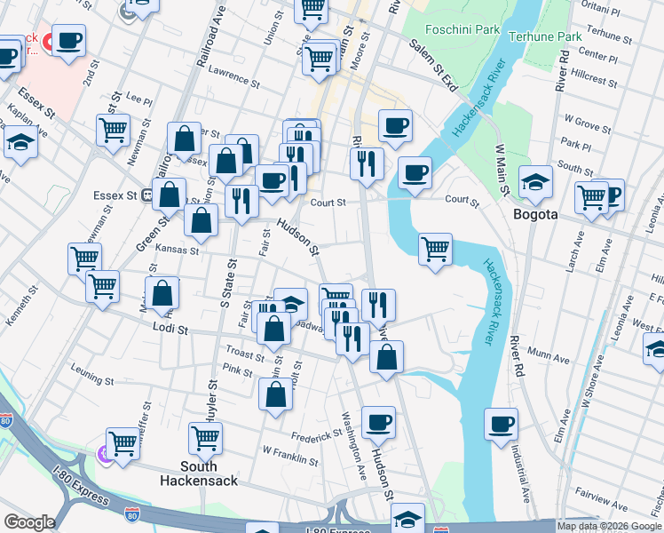 map of restaurants, bars, coffee shops, grocery stores, and more near 1 Bergen County Plaza in Hackensack