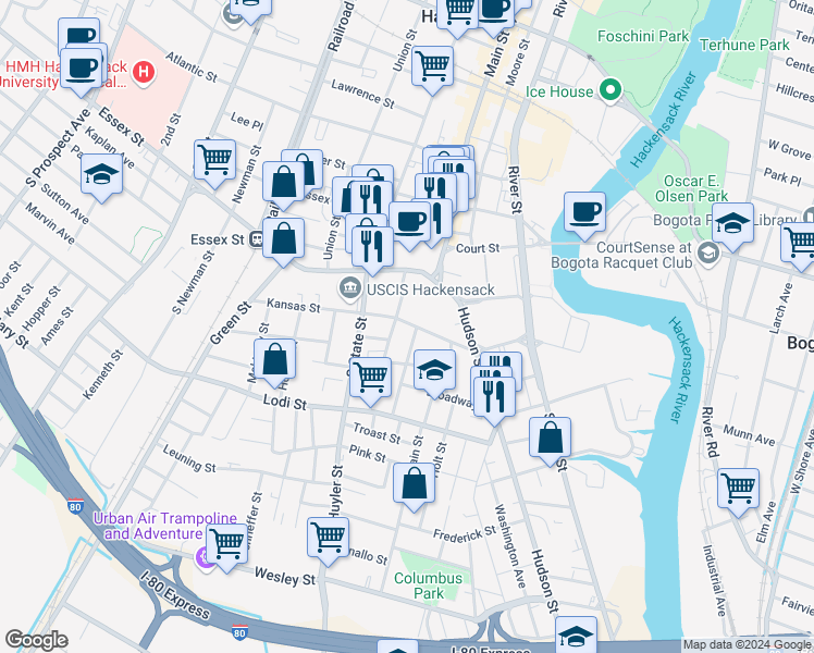 map of restaurants, bars, coffee shops, grocery stores, and more near 61 East Kansas Street in Hackensack