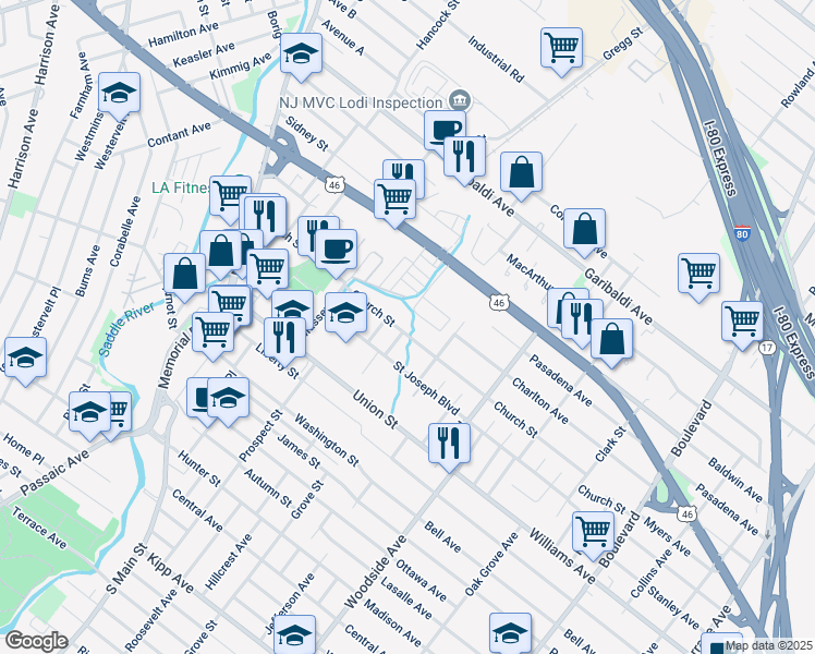 map of restaurants, bars, coffee shops, grocery stores, and more near 177 Church Street in Lodi