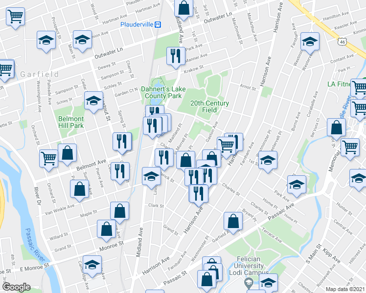 map of restaurants, bars, coffee shops, grocery stores, and more near 63 Irving Place in Garfield