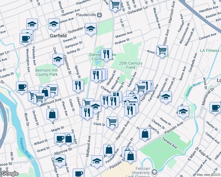 map of restaurants, bars, coffee shops, grocery stores, and more near 200 Charles Street in Garfield