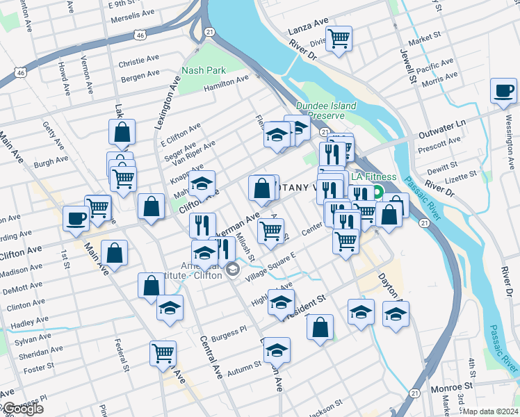 map of restaurants, bars, coffee shops, grocery stores, and more near Village Square East in Clifton