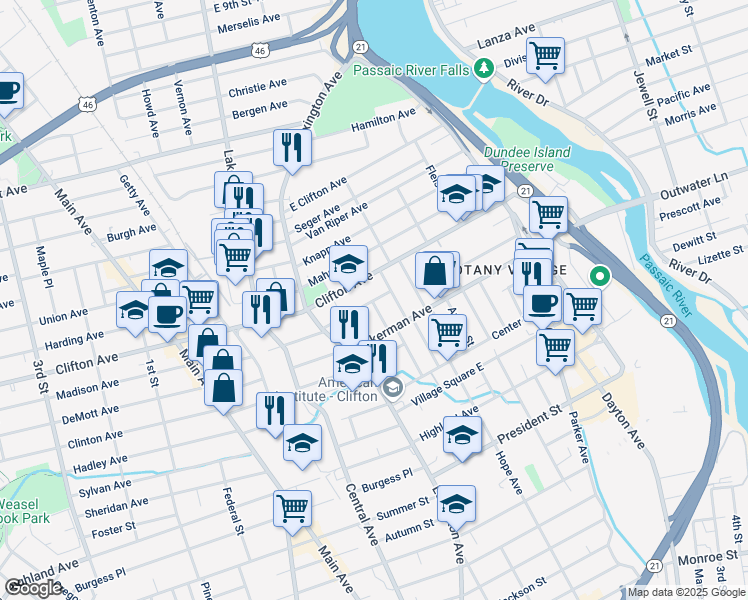 map of restaurants, bars, coffee shops, grocery stores, and more near 25 Van Cleve Avenue in Clifton