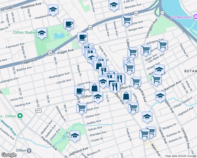 map of restaurants, bars, coffee shops, grocery stores, and more near 77 Union Avenue in Clifton