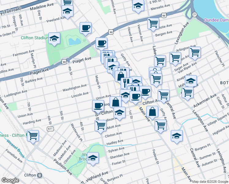 map of restaurants, bars, coffee shops, grocery stores, and more near 214 2nd Street in Clifton