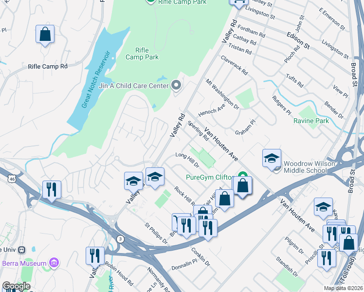 map of restaurants, bars, coffee shops, grocery stores, and more near 94 Long Hill Drive in Clifton