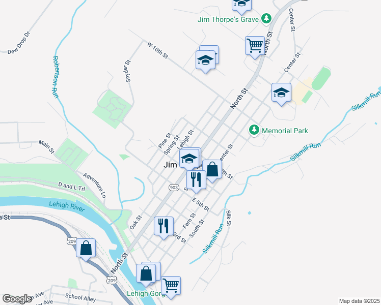 map of restaurants, bars, coffee shops, grocery stores, and more near in Jim Thorpe