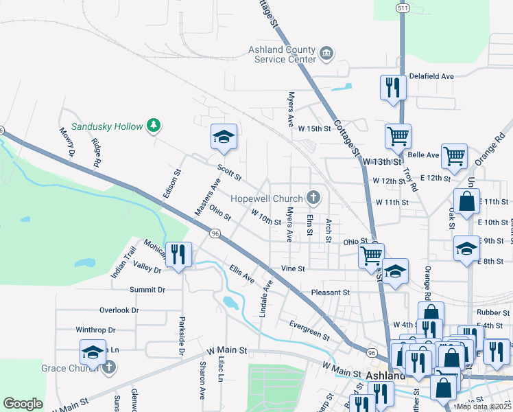 map of restaurants, bars, coffee shops, grocery stores, and more near 722 West 10th Street in Ashland