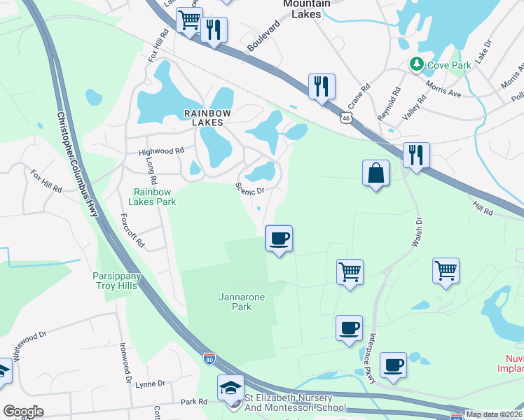 map of restaurants, bars, coffee shops, grocery stores, and more near 18 Clairview Road in Denville