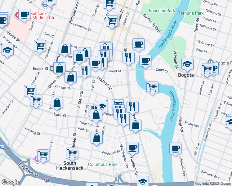 map of restaurants, bars, coffee shops, grocery stores, and more near 1 Bergen County Plaza in Hackensack