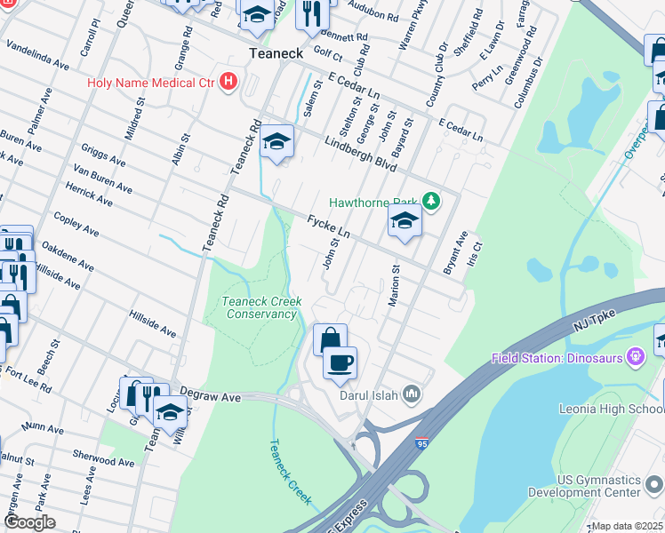 map of restaurants, bars, coffee shops, grocery stores, and more near 547 John Street in Teaneck