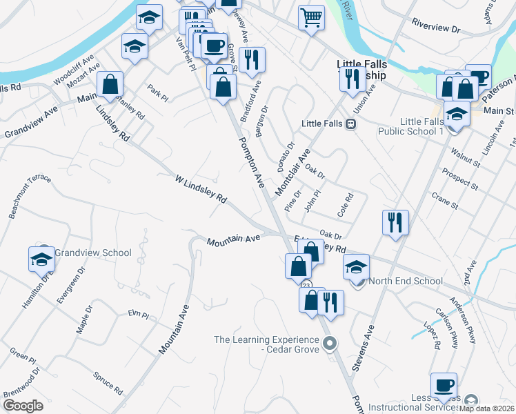 map of restaurants, bars, coffee shops, grocery stores, and more near 50 West Lindsley Road in Cedar Grove