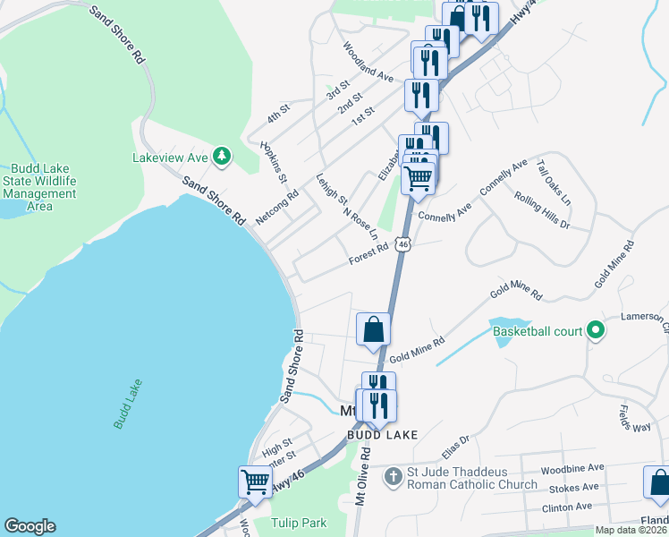 map of restaurants, bars, coffee shops, grocery stores, and more near 32 Forest Road in Mount Olive