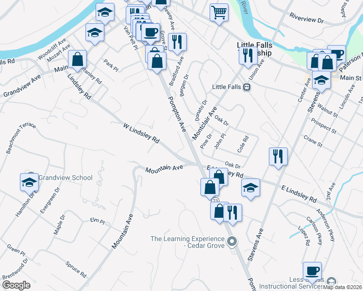 map of restaurants, bars, coffee shops, grocery stores, and more near 50 West Lindsley Road in Cedar Grove