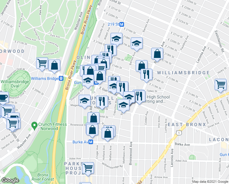 map of restaurants, bars, coffee shops, grocery stores, and more near 751 East Gun Hill Road in The Bronx