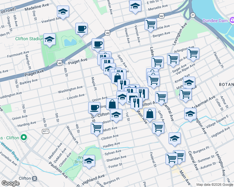 map of restaurants, bars, coffee shops, grocery stores, and more near 77 Union Avenue in Clifton