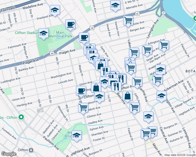 map of restaurants, bars, coffee shops, grocery stores, and more near 77 Union Avenue in Clifton
