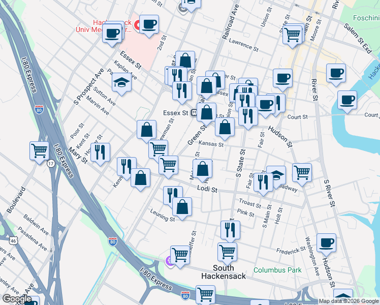 map of restaurants, bars, coffee shops, grocery stores, and more near 202 Lexington Ave in Hackensack