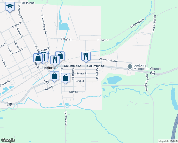 map of restaurants, bars, coffee shops, grocery stores, and more near 455 Somer Street in Leetonia