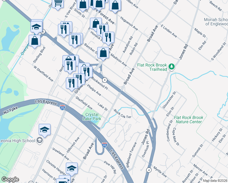 map of restaurants, bars, coffee shops, grocery stores, and more near 164 Rockwood Place in Englewood