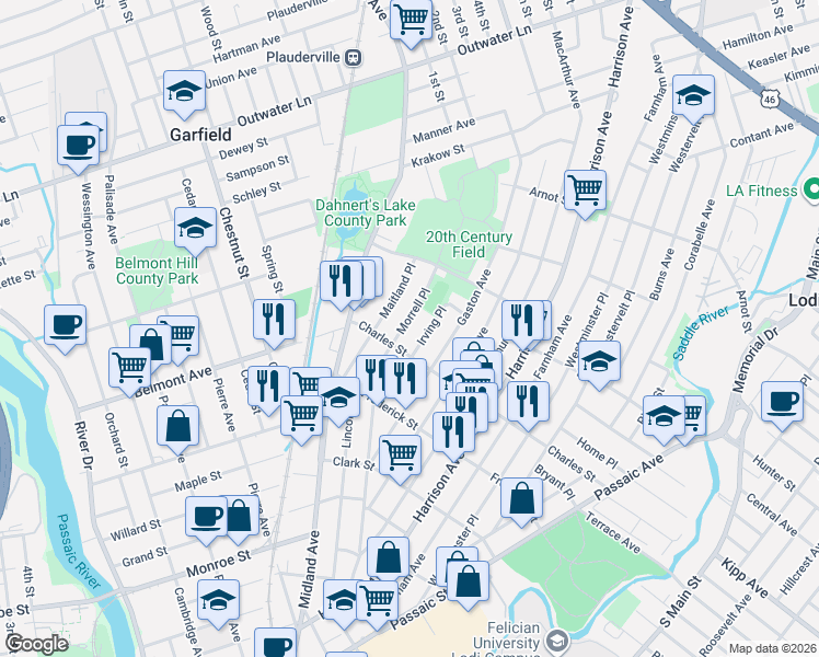 map of restaurants, bars, coffee shops, grocery stores, and more near 64 Irving Place in Garfield