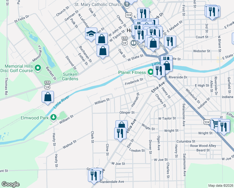 map of restaurants, bars, coffee shops, grocery stores, and more near 700-708 William St in Huntington