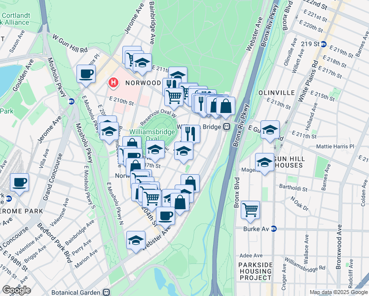 map of restaurants, bars, coffee shops, grocery stores, and more near 308 East 209th Street in Bronx