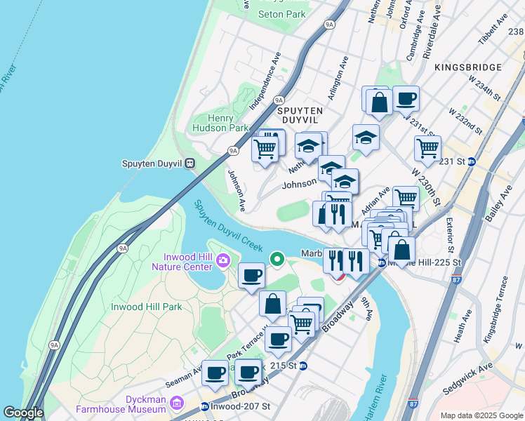 map of restaurants, bars, coffee shops, grocery stores, and more near 2500 Johnson Avenue in The Bronx