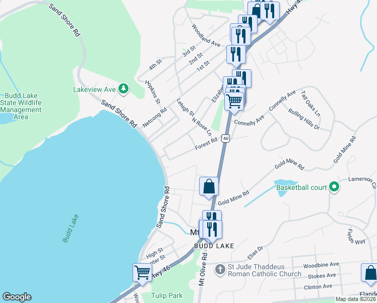 map of restaurants, bars, coffee shops, grocery stores, and more near 32 Forest Road in Mount Olive