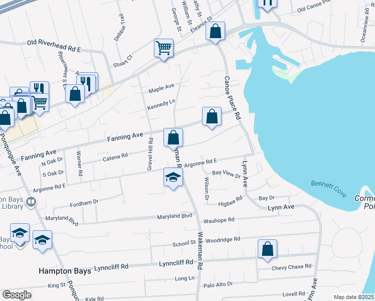 map of restaurants, bars, coffee shops, grocery stores, and more near 33 Carter Road in Hampton Bays