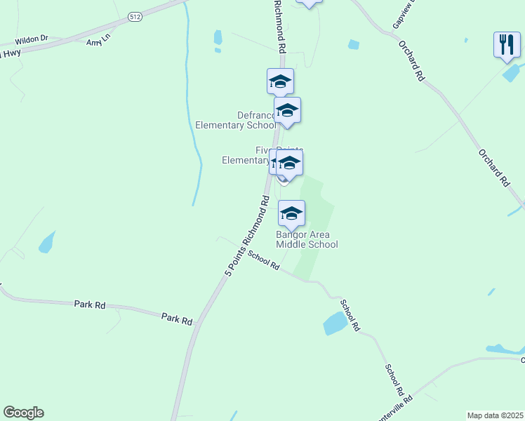 map of restaurants, bars, coffee shops, grocery stores, and more near 363 5 Points Richmond Road in Bangor