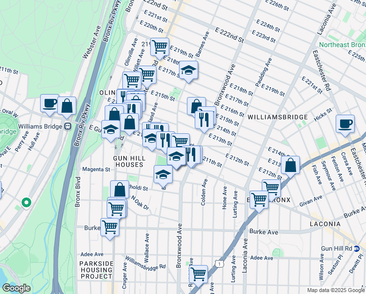 map of restaurants, bars, coffee shops, grocery stores, and more near 814 Tilden Street in Bronx