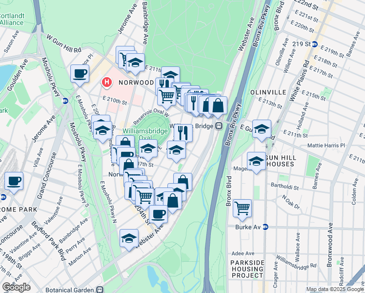 map of restaurants, bars, coffee shops, grocery stores, and more near in The Bronx