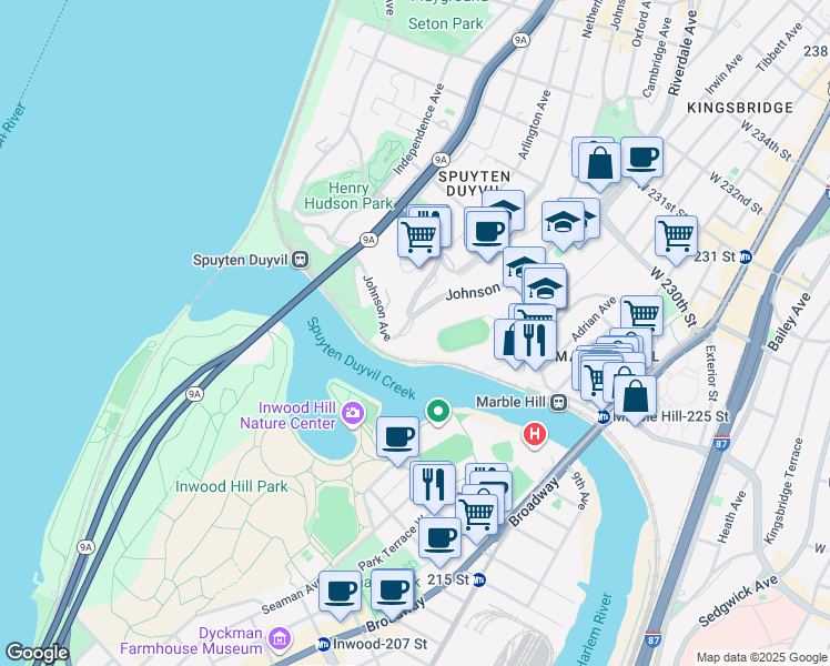 map of restaurants, bars, coffee shops, grocery stores, and more near 2500 Johnson Avenue in Bronx