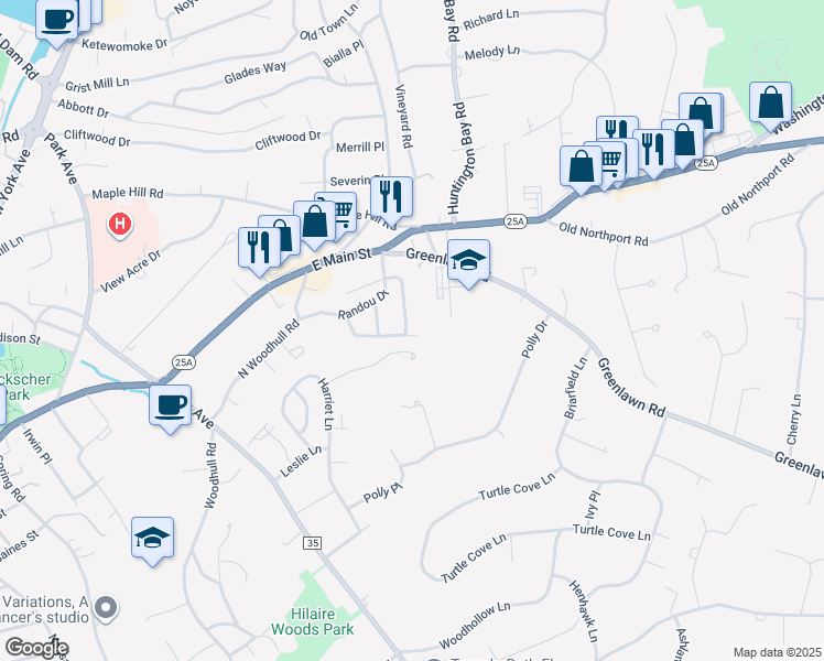 map of restaurants, bars, coffee shops, grocery stores, and more near 29 Aberdeen Drive in Huntington