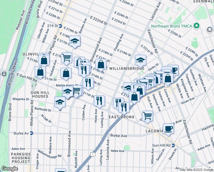 map of restaurants, bars, coffee shops, grocery stores, and more near 1037 East 213th Street in Bronx