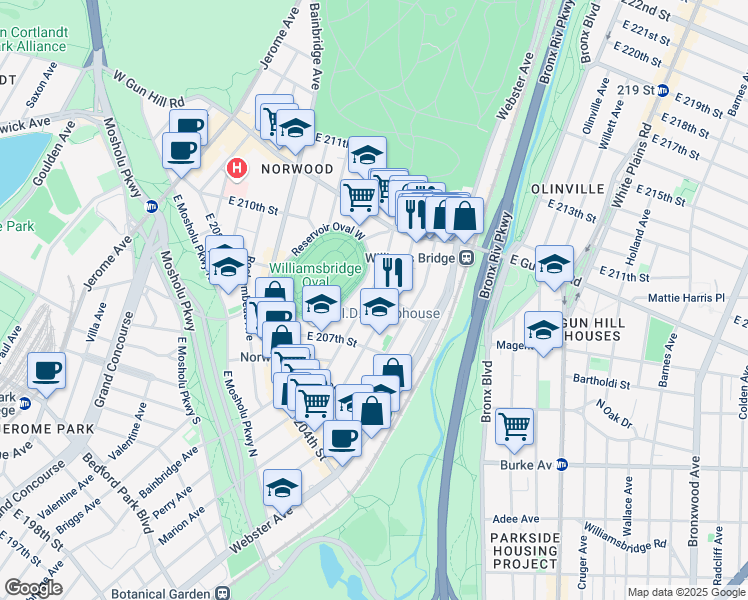 map of restaurants, bars, coffee shops, grocery stores, and more near in The Bronx