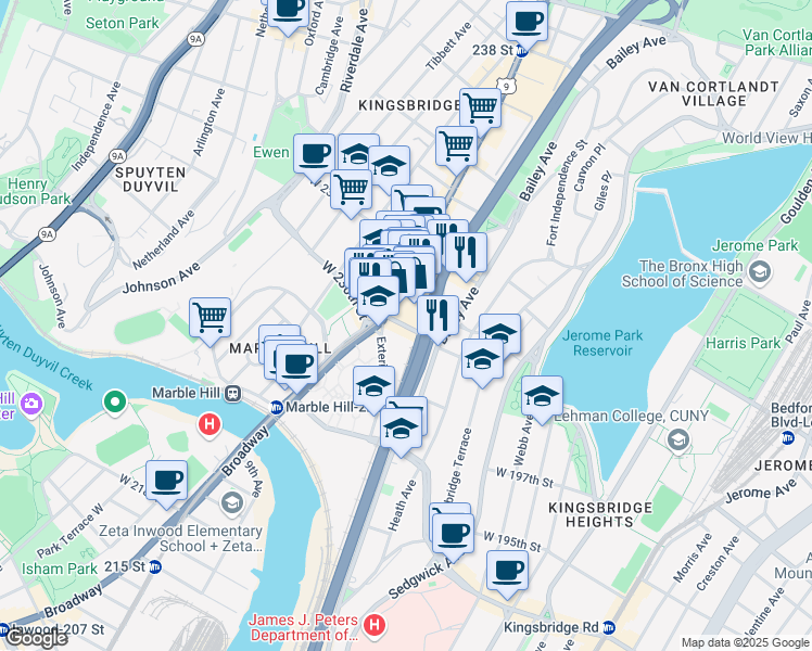 map of restaurants, bars, coffee shops, grocery stores, and more near 188 West 230th Street in The Bronx