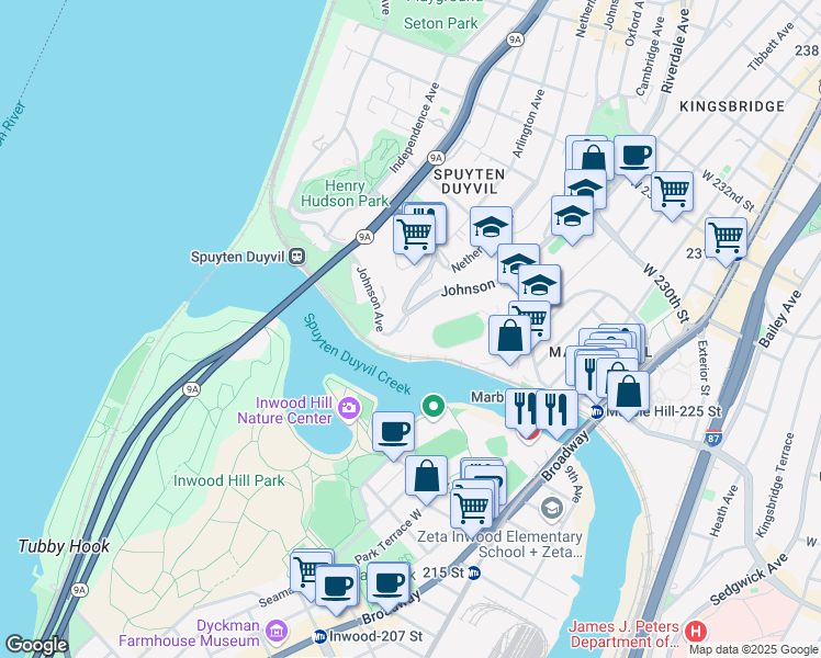 map of restaurants, bars, coffee shops, grocery stores, and more near 2500 Johnson Avenue in The Bronx